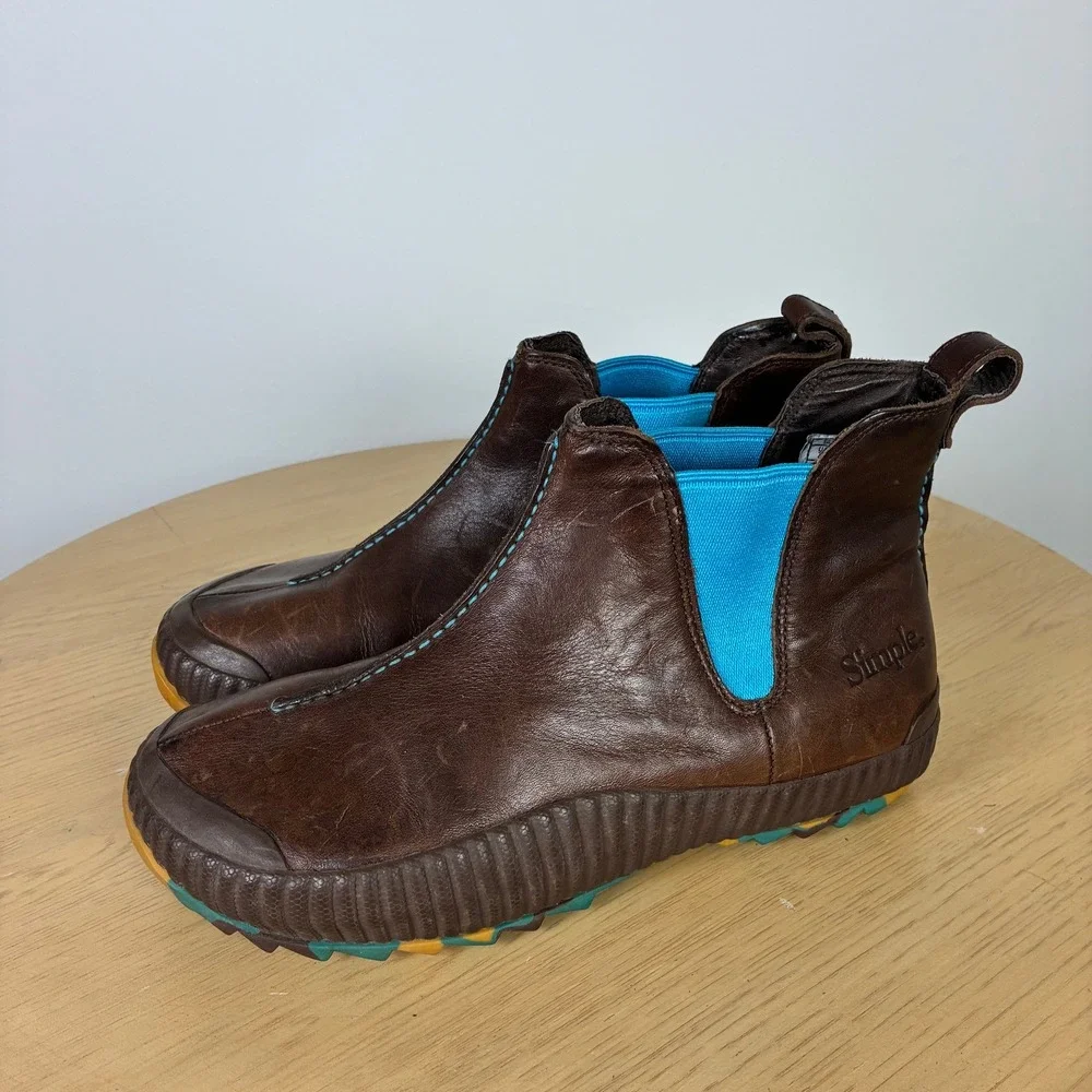 Simple Brown Leather Turquoise Chelsea Ankle Boots Womens 9 Outdoors Fall Gorp
